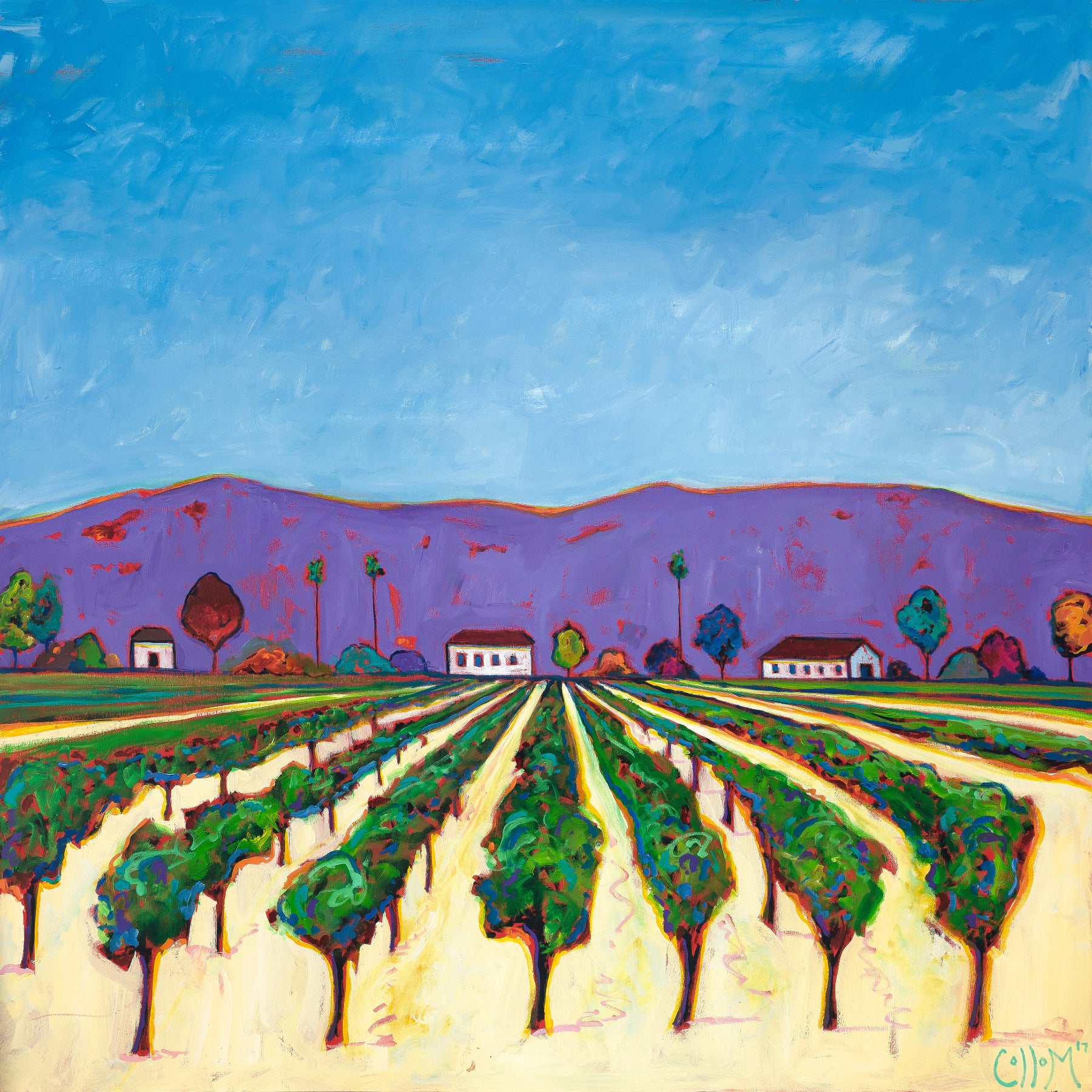 Colorful painting of a vineyard with rows of green trees and purple mountains in the background.

